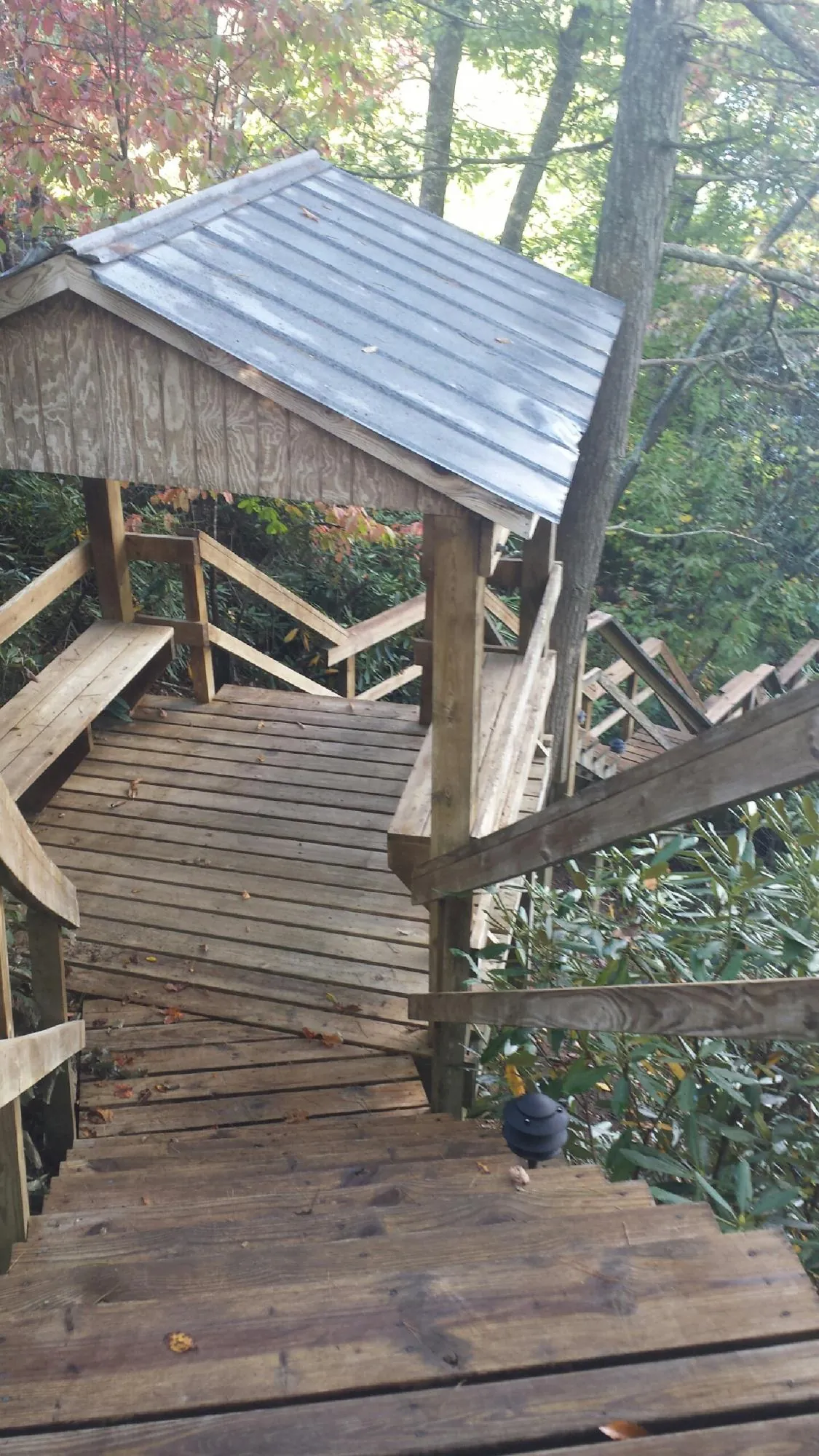Metal roofed shelter over wooden steps on a wooded walkway — Skylight Repair & Installation work by our crew in Murray City